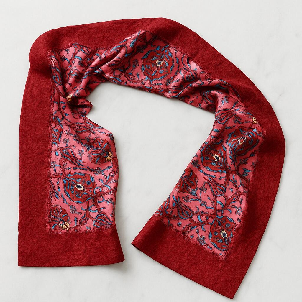 Düzge Serisi İpek & Keçe Şal / Runner Kırmızı