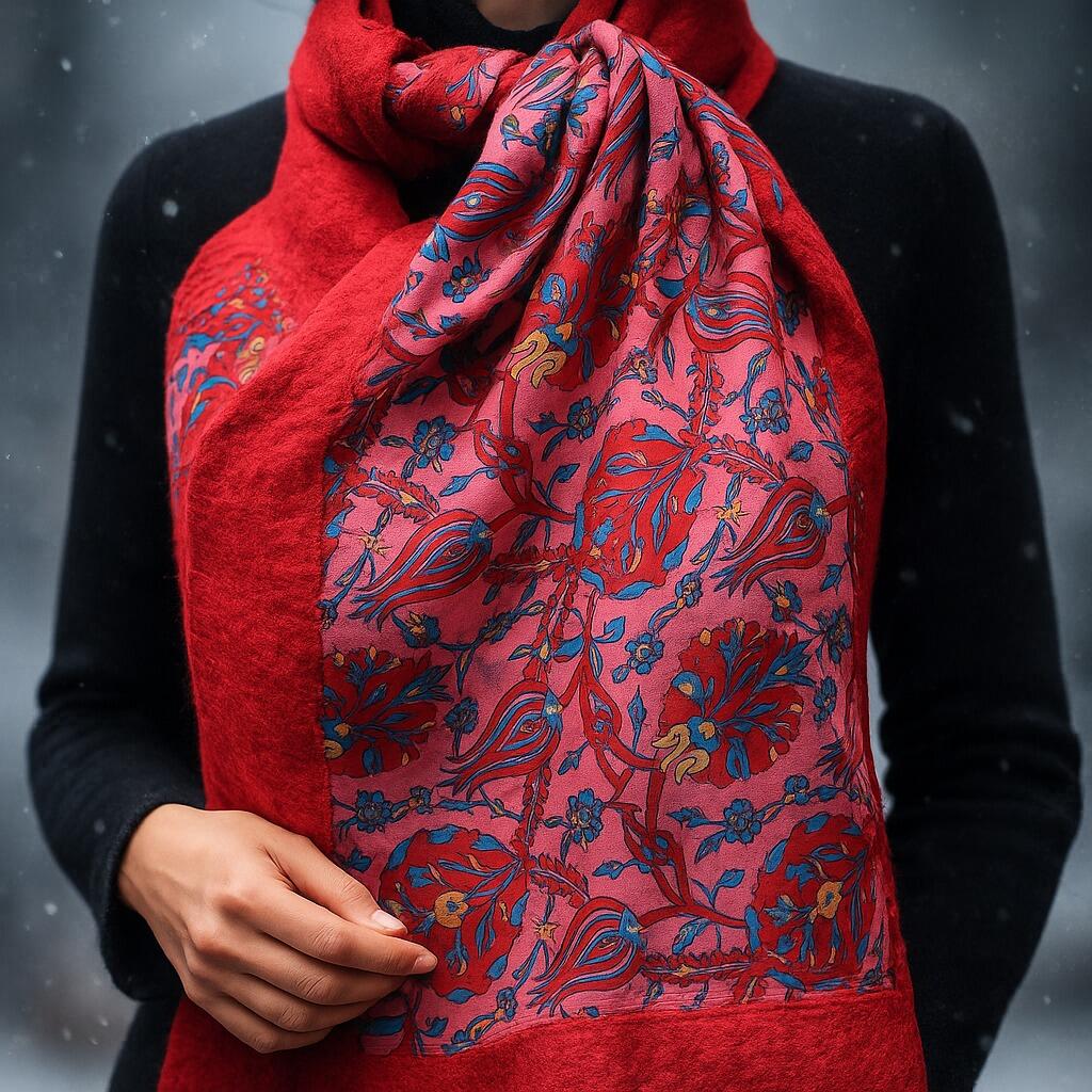 Düzge Serisi İpek & Keçe Şal / Runner Kırmızı