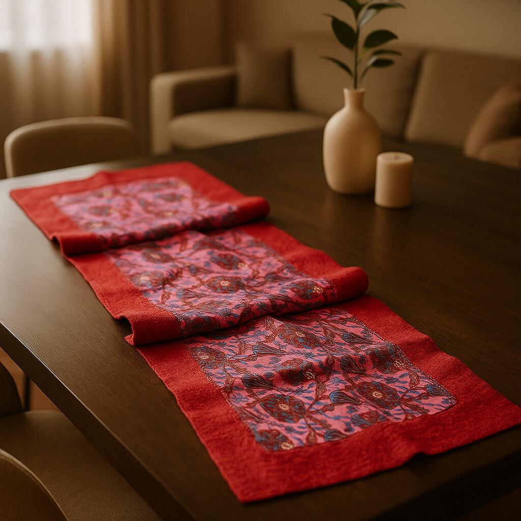 Düzge Serisi İpek & Keçe Şal / Runner Kırmızı