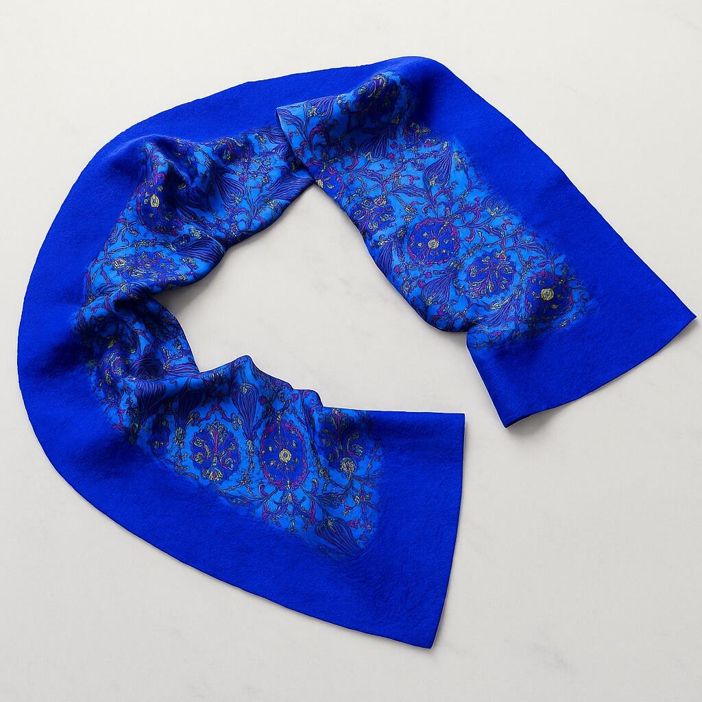 Düzge Serisi İpek & Keçe Şal / Runner Pastel Saks