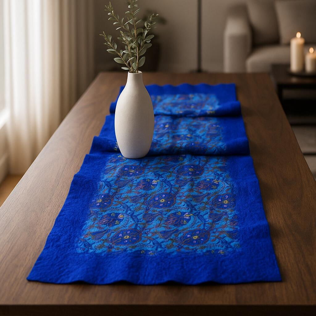 Düzge Serisi İpek & Keçe Şal / Runner Pastel Saks