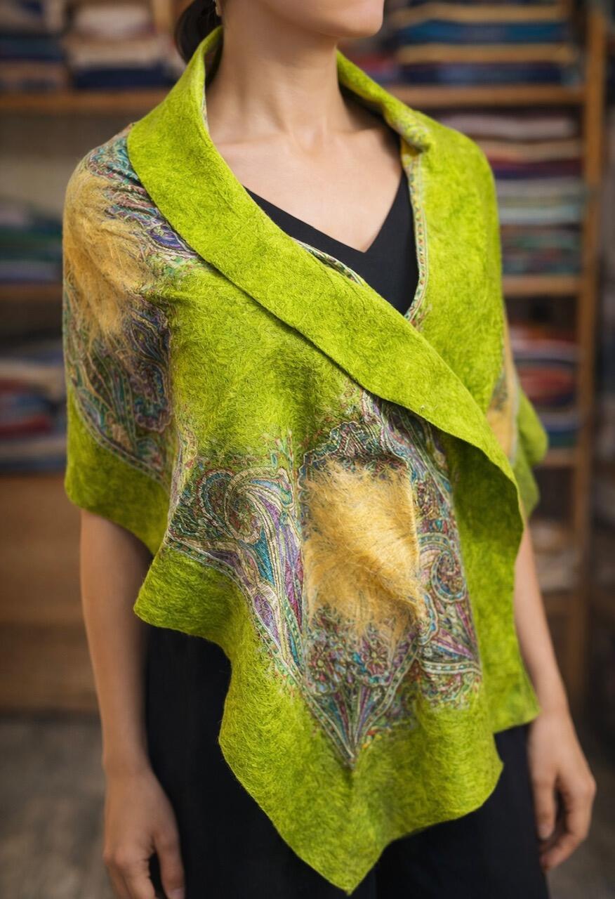 Değirmi Serisi İpek & Keçe Şal / Runner Fıstık Yeşili