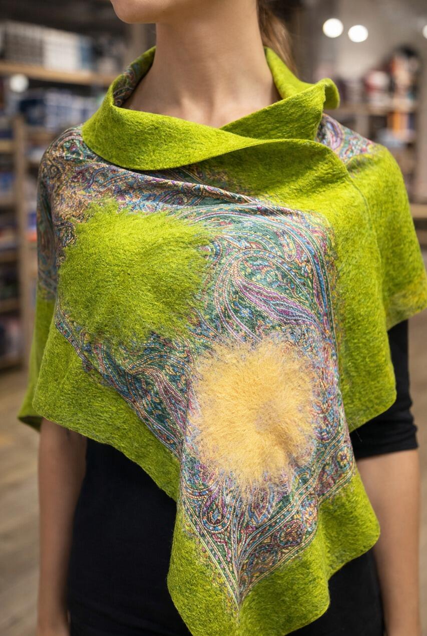 Değirmi Serisi İpek & Keçe Şal / Runner Fıstık Yeşili