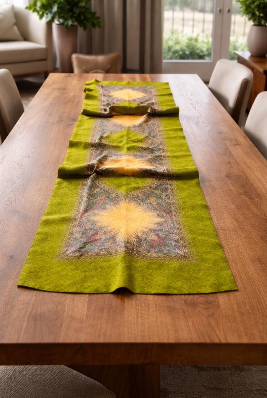 Değirmi Serisi İpek & Keçe Şal / Runner Fıstık Yeşili